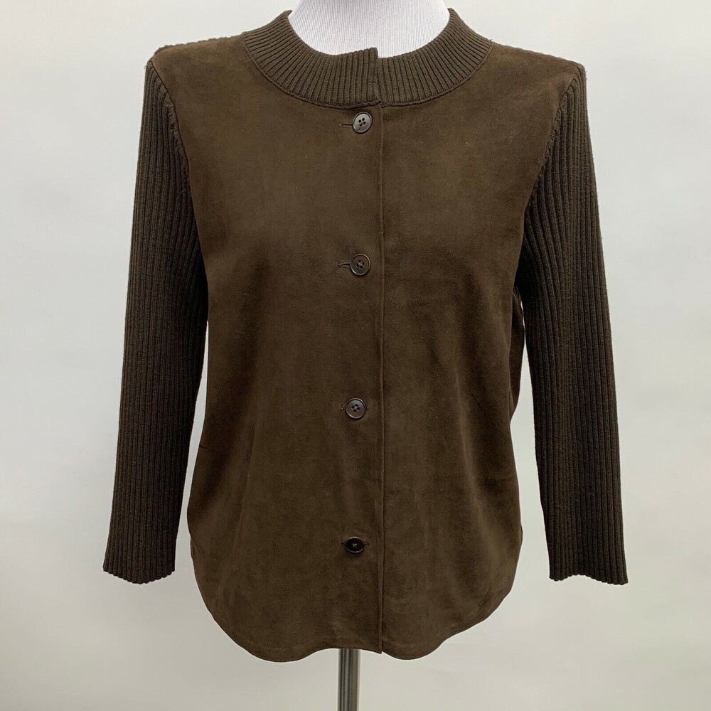 Talbots Women's Cardigan Sweater Medium Brown Leather Suede Wool Blend